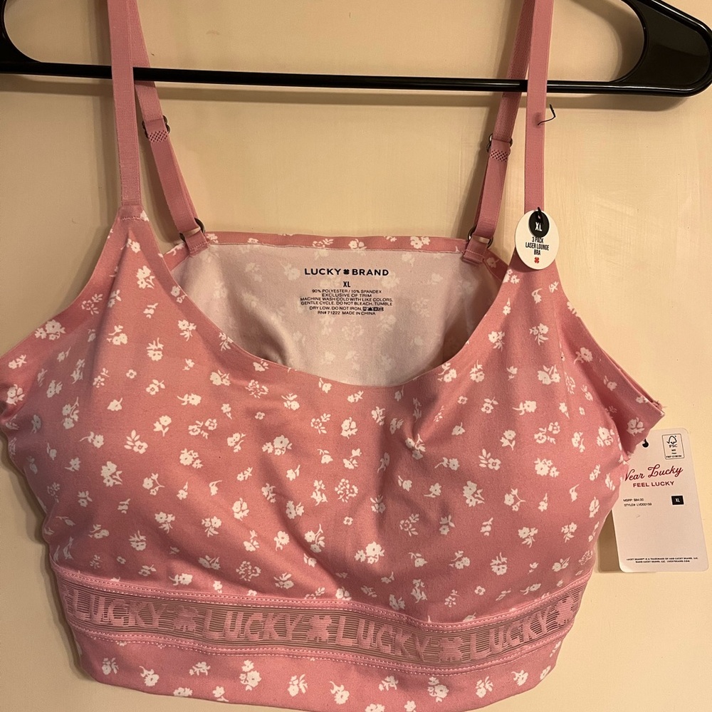 Lucky Brand pink floral and lace super soft lounge sports bra - Picture 6 of 8